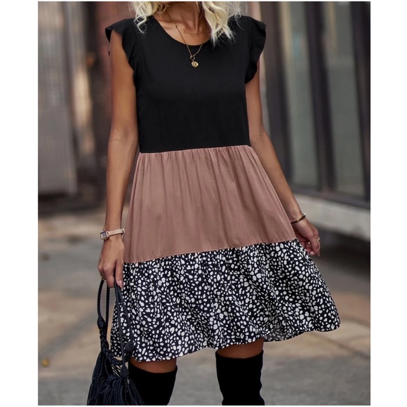 Leopard Print Color Block Ruffle Sleeve Babydoll Dress - Picture 6 of 6